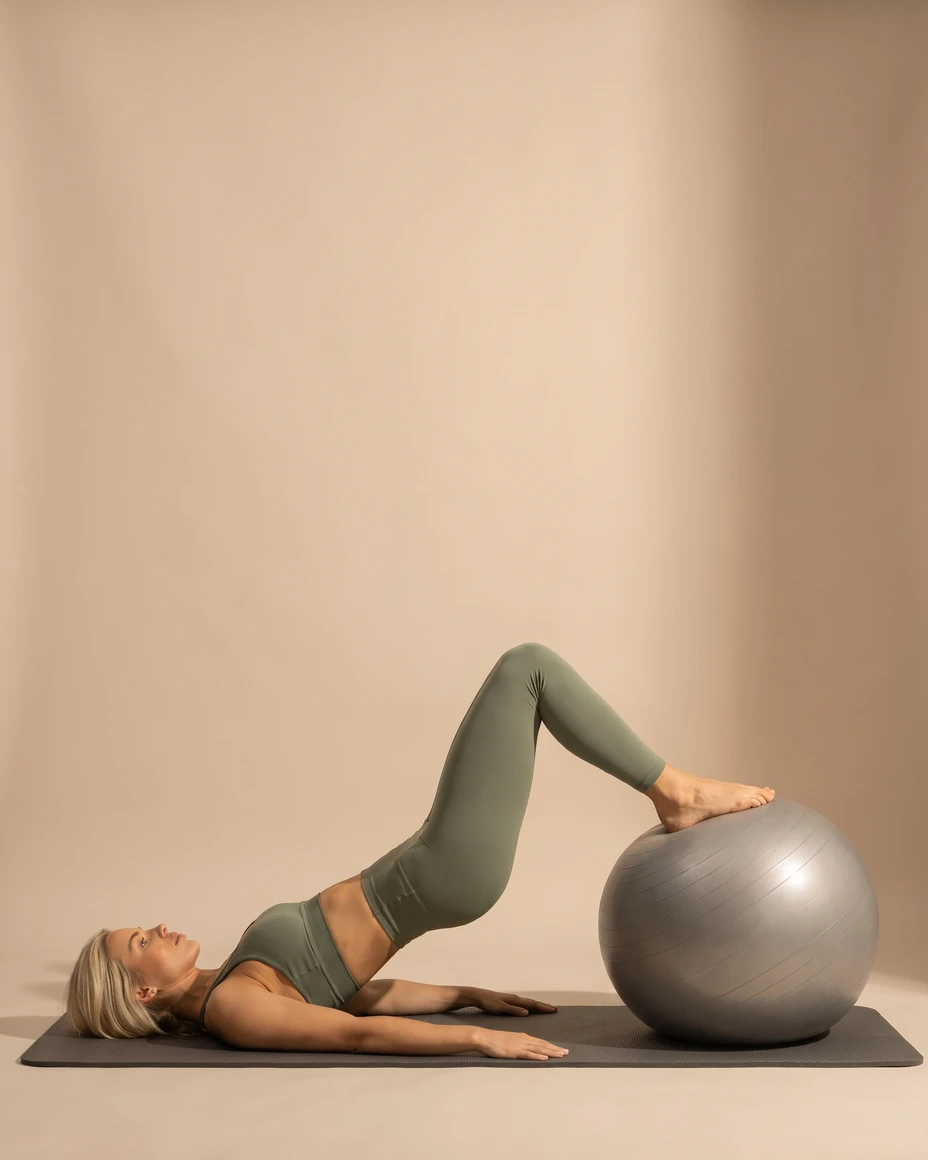 Liggende leg curl med stor ball, vist som øvelse