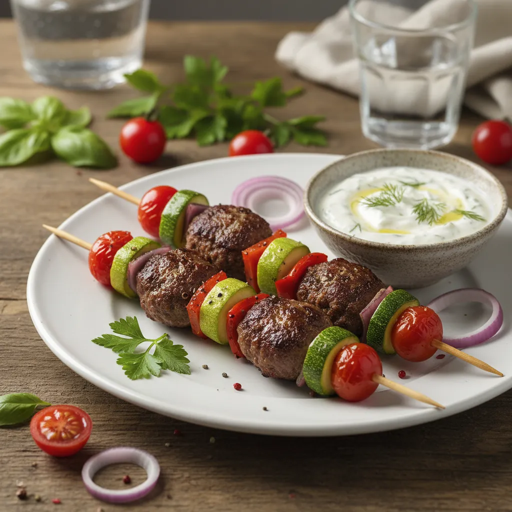 Hamburger og Grønnsaksspyd med Tzatziki