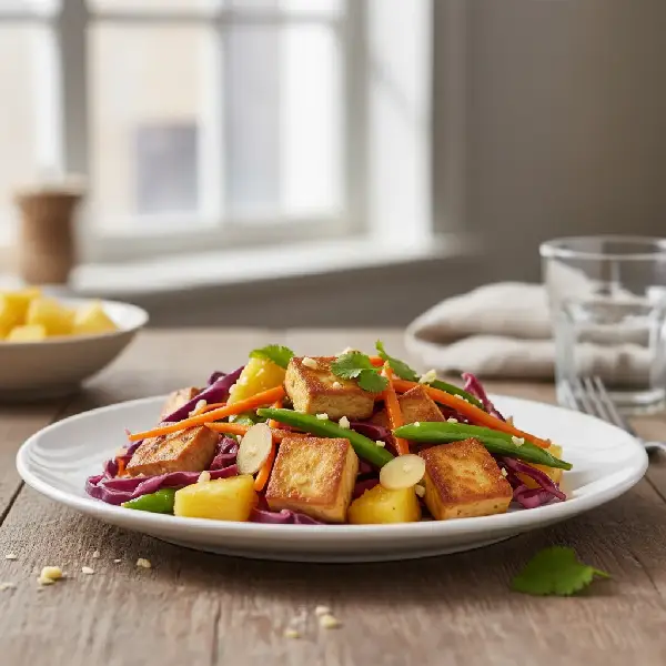 Foto av Fermentert Grønnsaks- og Tofuwok med Ananas og Ingefær