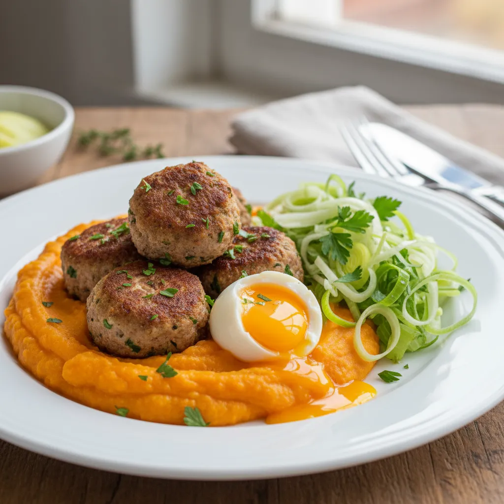 Kjøttboller med søtpotetpuré og purreløksalat