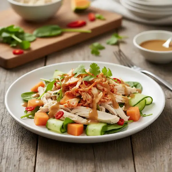 Foto av Kyllingsalat med Kimchi, Papaya og Ingefærdressing