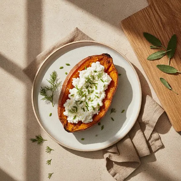 Bakte søte poteter med cottage cheese, ikke-ultraprosessert i nordisk stil, Beta-carotene, Calcium.