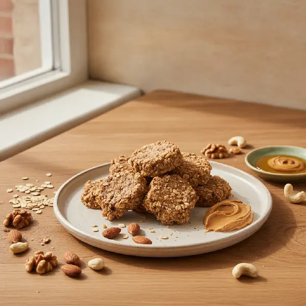 Energi-snacks av havre og nøtter, ikke-ultraprosessert i nordisk stil, Magnesium, Vitamin E.