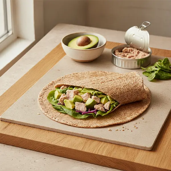 Fullkornswrap med tunfisk og avokado, ikke-ultraprosessert i nordisk stil, Omega-3, B12.