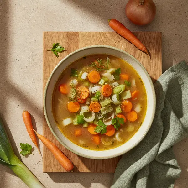 Grønnsakssuppe fra bunnen, ikke-ultraprosessert i nordisk stil, Vitamin C, Fiber.