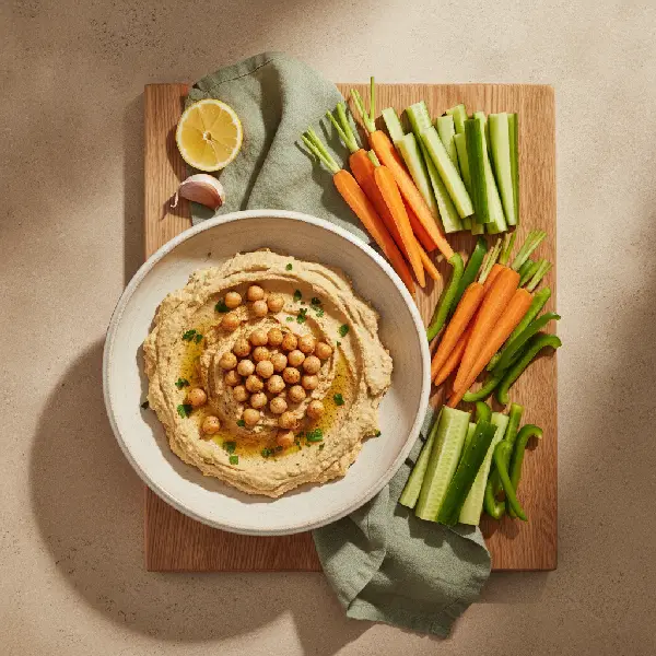 Hummus og grønnsaksstaver, ikke-ultraprosessert i nordisk stil, Folate, Iron.