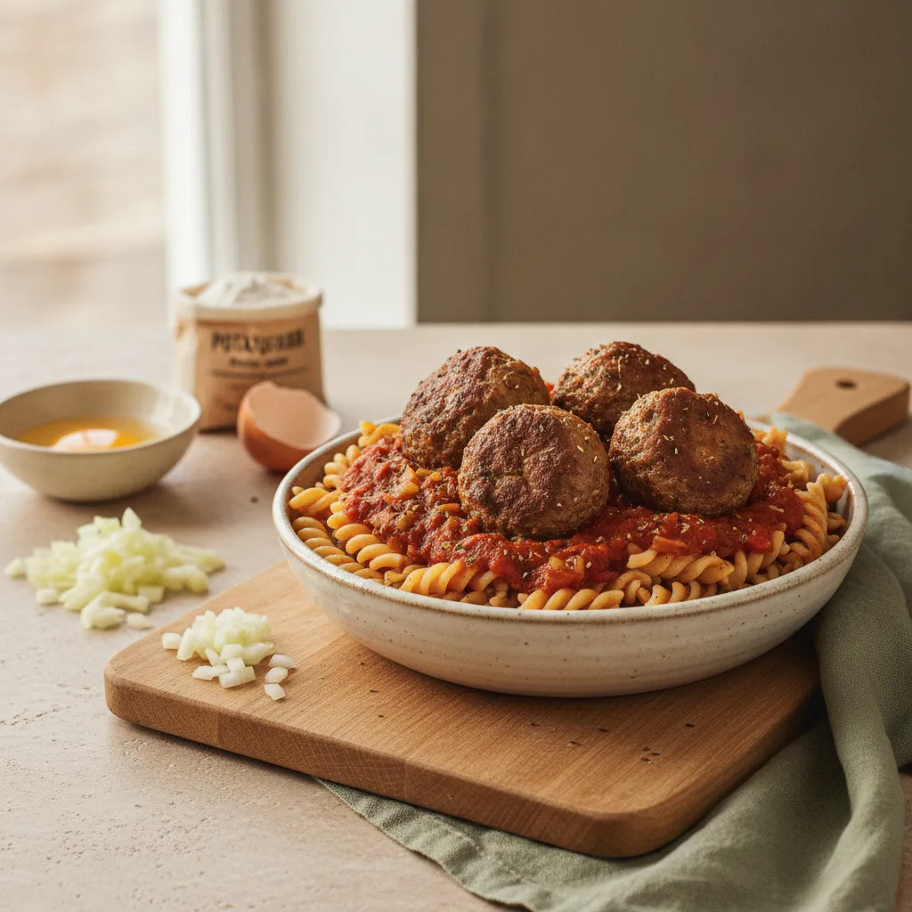 Kjøttboller i tomatsaus med fullkornspasta