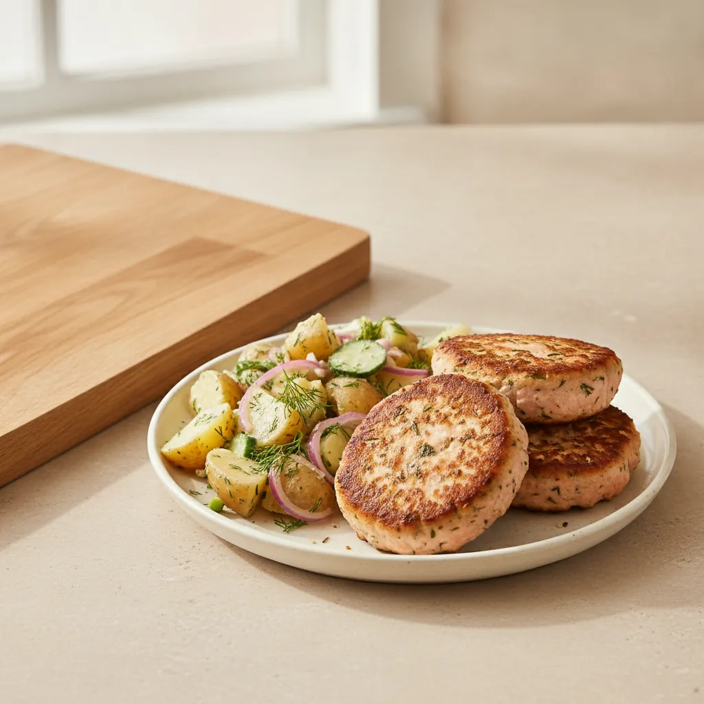 Lakseburger med potetsalat og dill