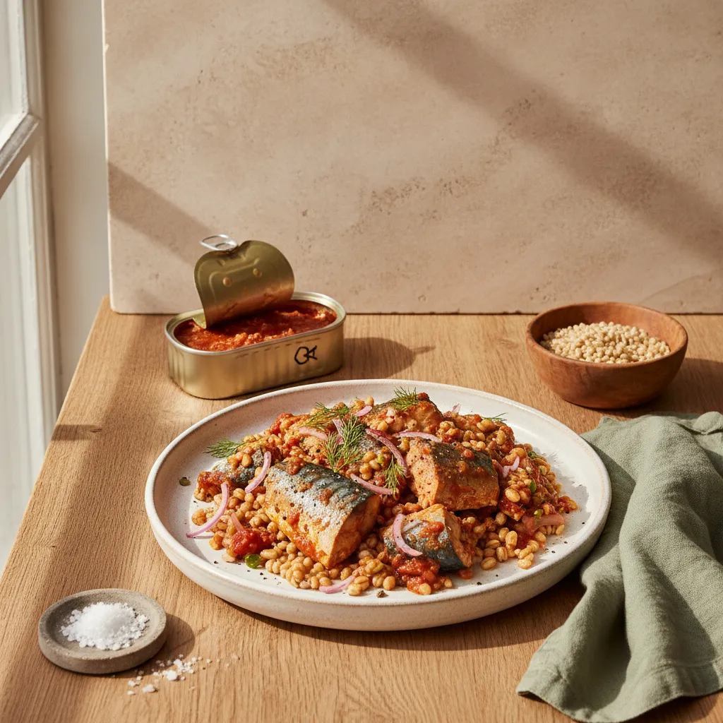 Makrell i tomat med byggrynsalat