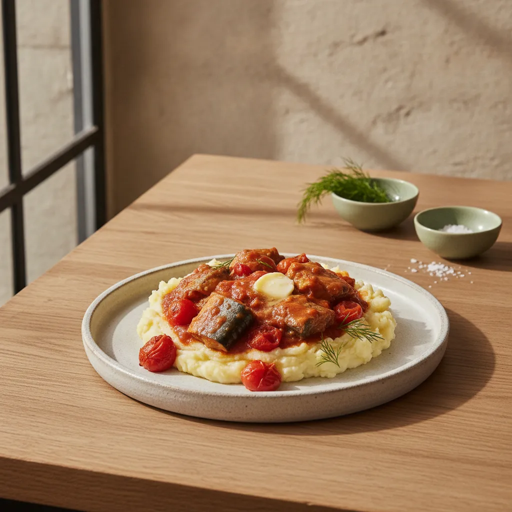 Makrell i tomatsaus med potetmos