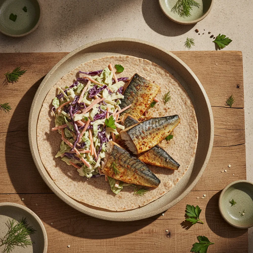 Makrell i tortillalefse med coleslaw