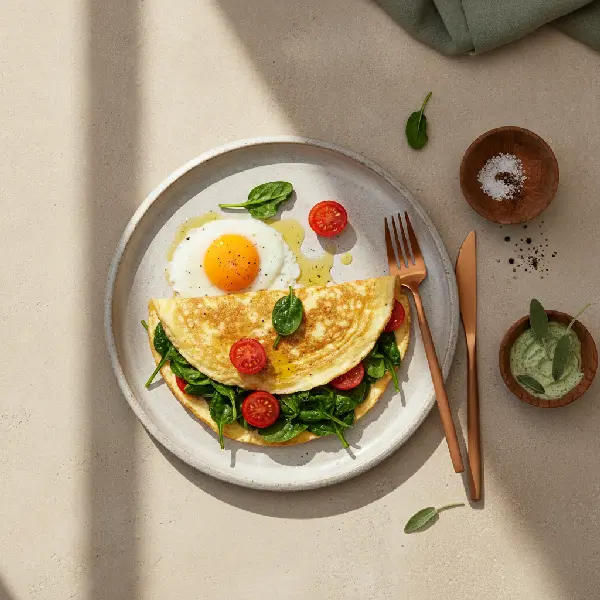 Omelett med spinat og tomat, ikke-ultraprosessert i nordisk stil, Protein, Iron.
