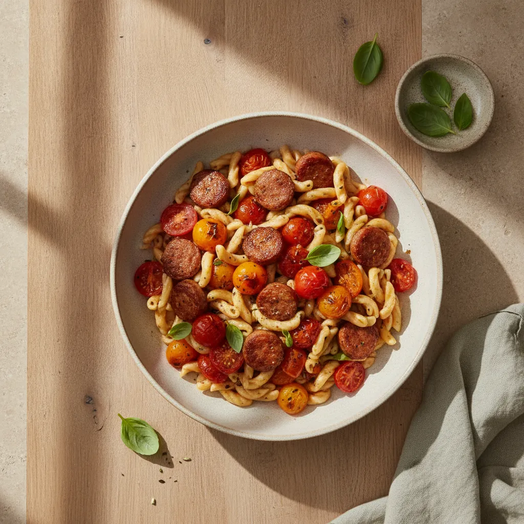 Ovnsbakt tomatpasta med pølse