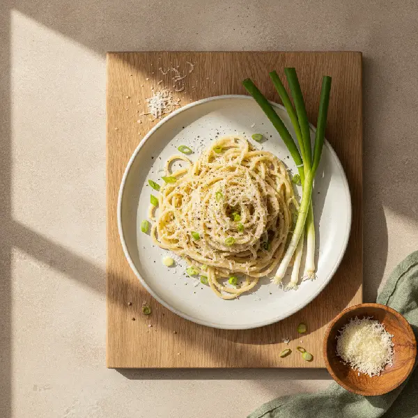 Pasta cacio e pepe med vårløk — 18 minutter, ikke-ultraprosessert i nordisk stil, Kalsium, Protein.
