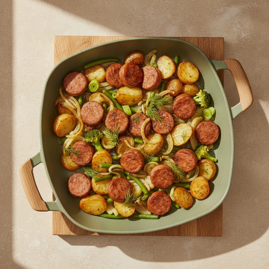 Pølse- og potetpanne med grønnsaker