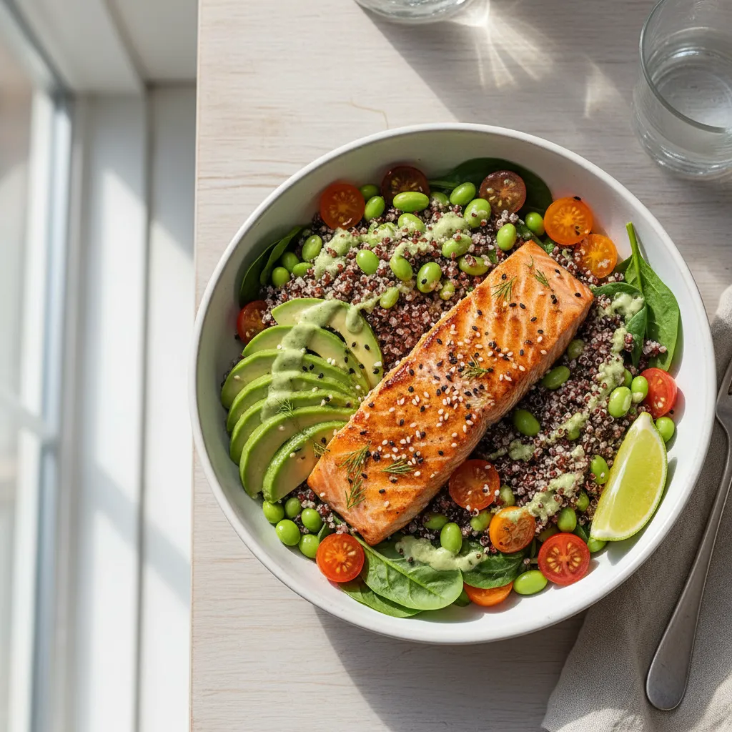 Proteinrik laksebowl med soyabønner og grønt