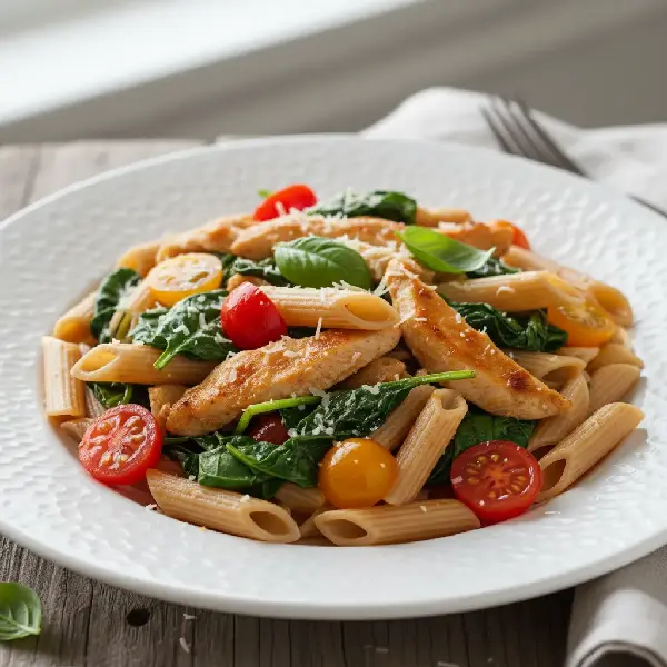 Kyllingpasta med Spinat og Cherrytomater i Lett Tomatsaus