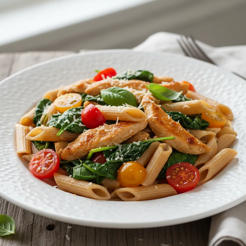 Kyllingpasta med Spinat og Cherrytomater i Lett Tomatsaus