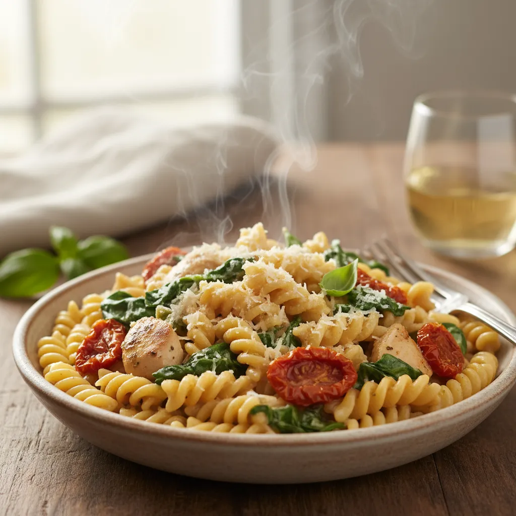 Kremet Kylling- og Spenatpasta med Soltørkede Tomater (Lett)