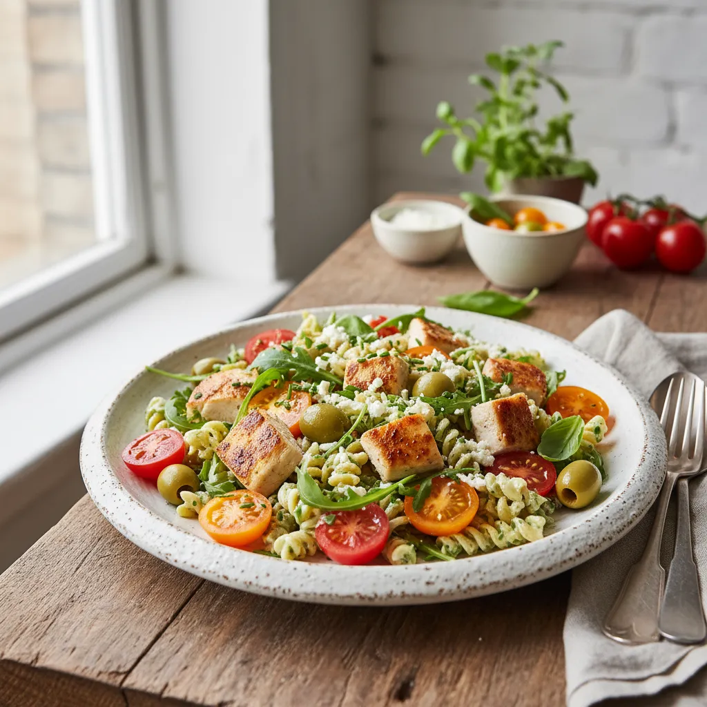 Kylling- og Pastasalat med Middelhavsgrønnsaker