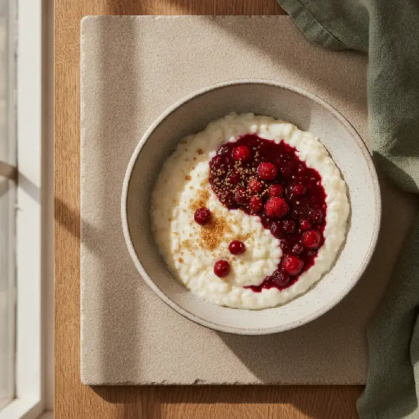 Riskrem med rød saus, ikke-ultraprosessert i nordisk stil, Kalsium, Vitamin C.