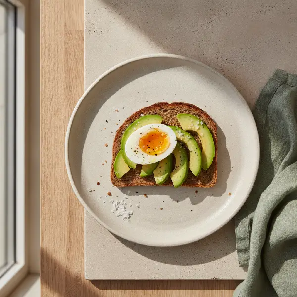Ristet rugbrød med egg og avokado, ikke-ultraprosessert i nordisk stil, Fiber, Vitamin E.