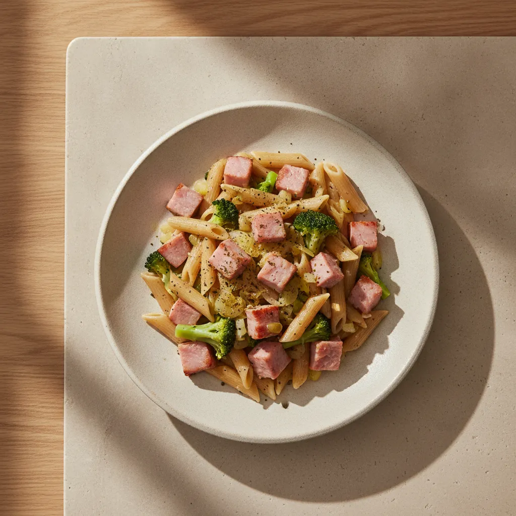Skinke- og pastaform med grønt