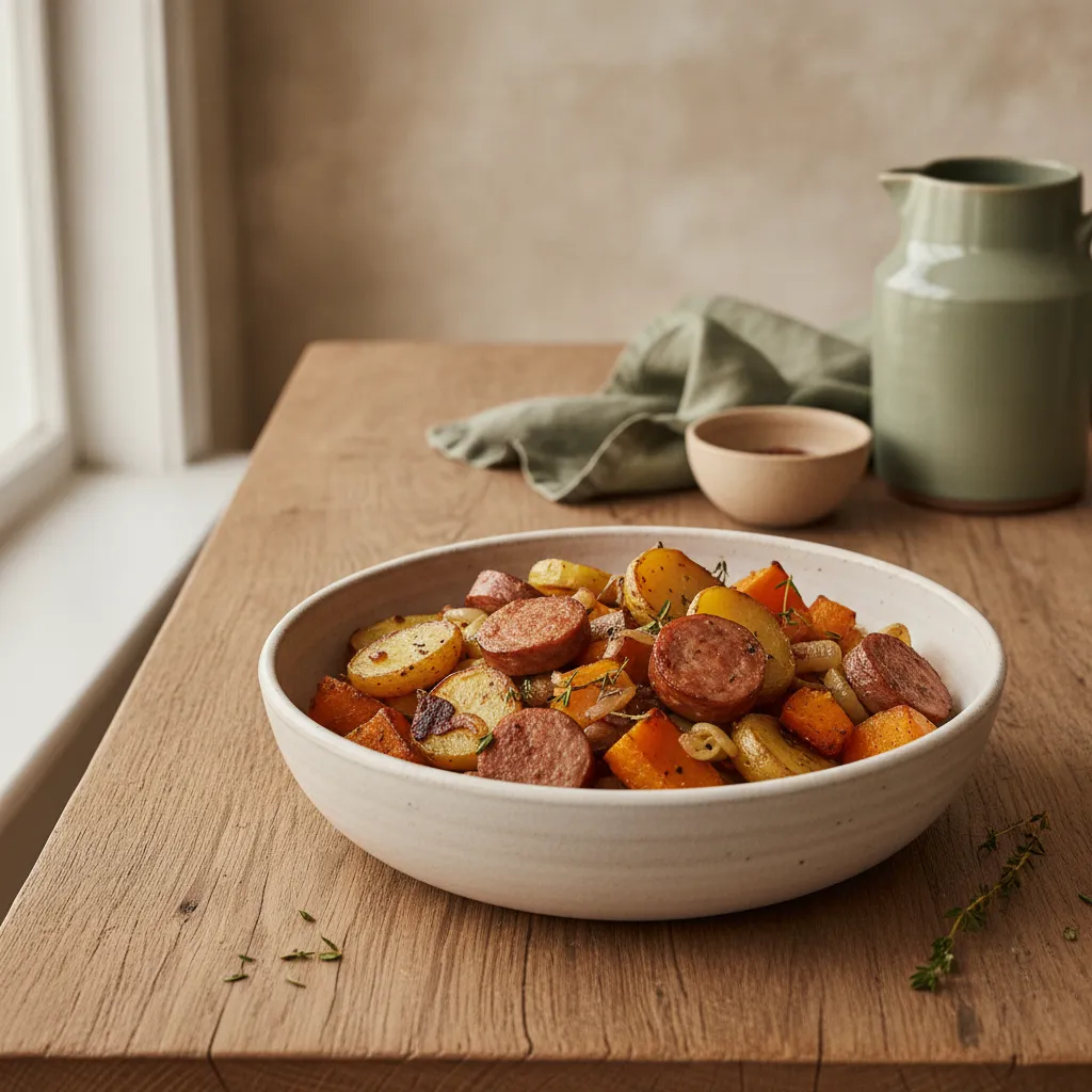 Squash- og pølseform med potet