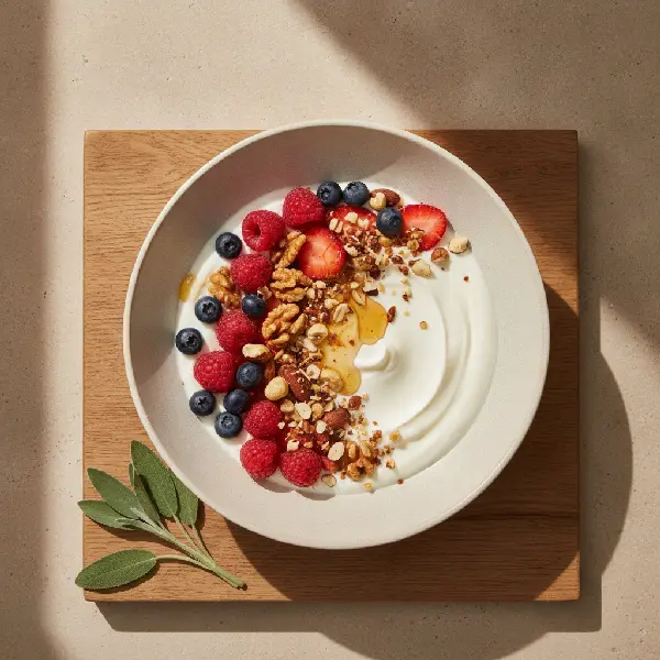 Yoghurtbowl med bær og nøtter, ikke-ultraprosessert i nordisk stil, Protein, Zinc.