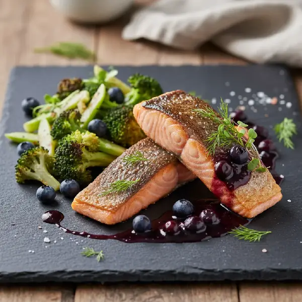 Laks med brokkoli og blåbærsaus