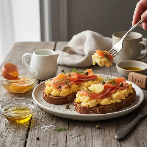 Røkelaks og Eggerøre på Grovbrød