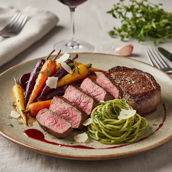 Entrecôte med rotgrønnsaker og timianpasta, sunt og sunt
