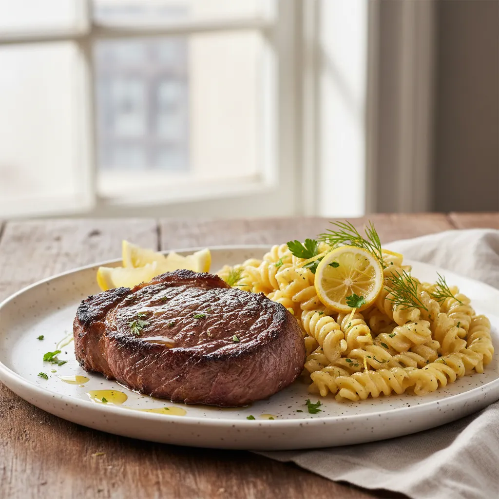 Entrecôte, sitron-dillpasta