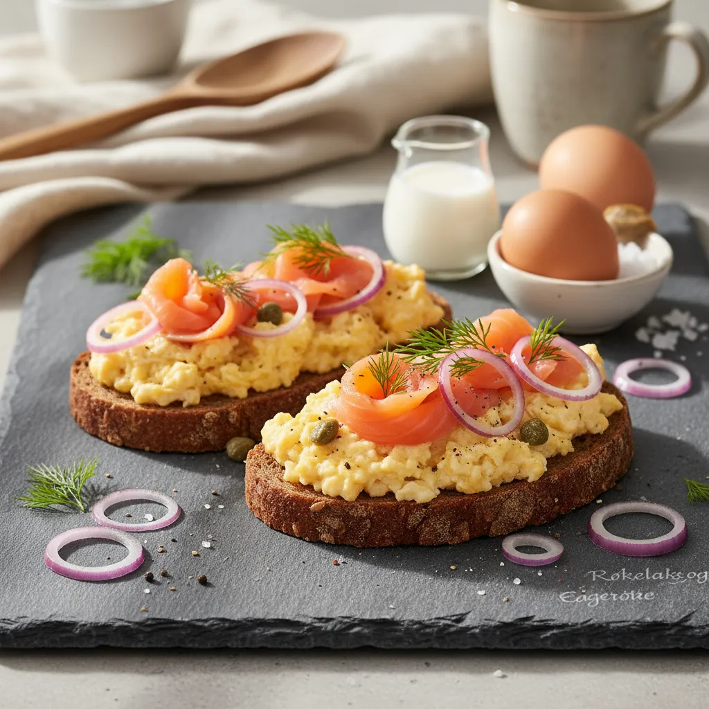 Røkelaks og eggerøre på rugbrød