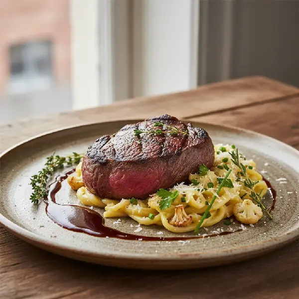 Grillet entrecôte, kremet blomkålpasta, sunt og sunt