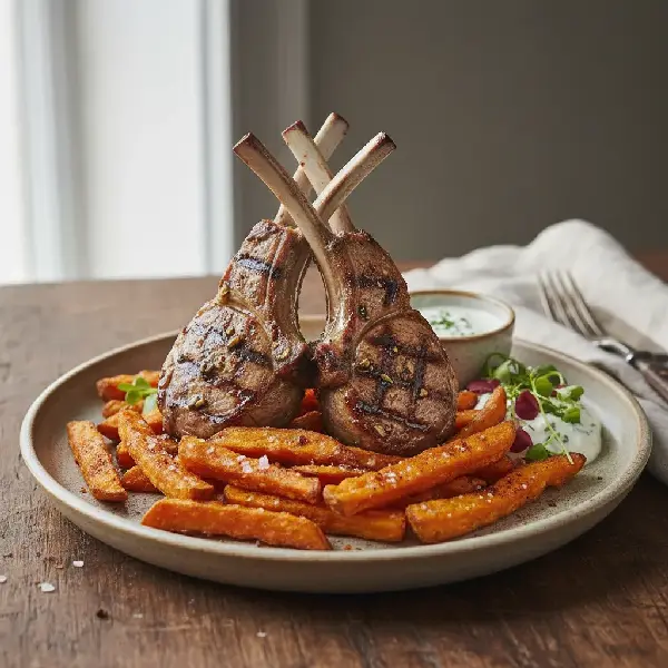 Grillet lammekotelett med søtpotetfriterte, sunt og sunt