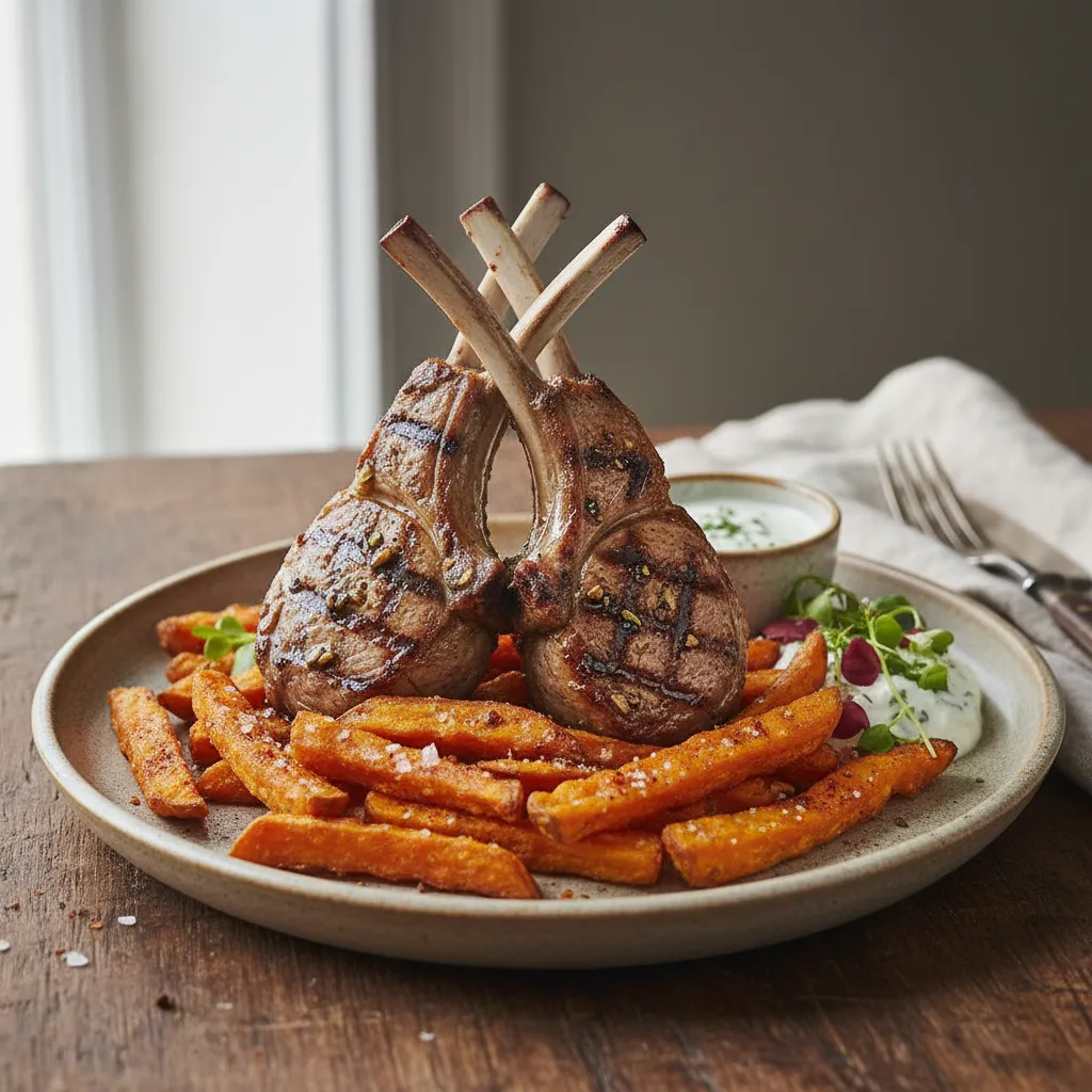 Grillet lammekotelett med søtpotetfriterte