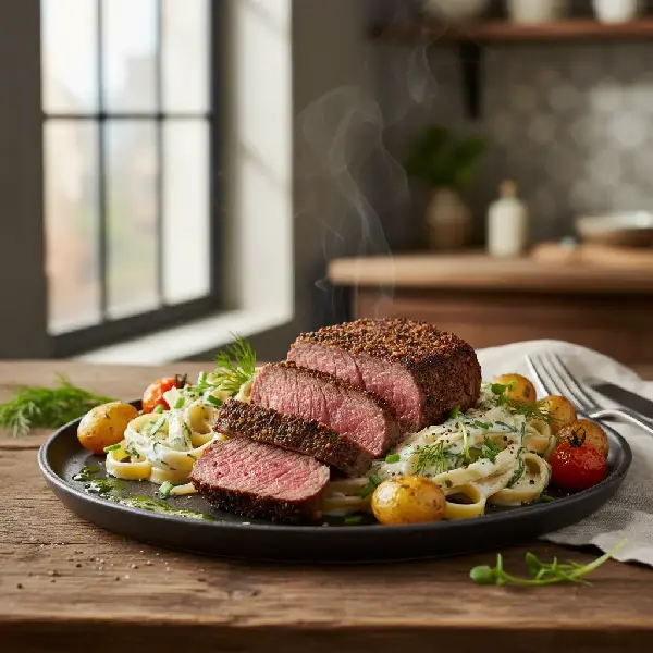 Krydderbakt entrecôte med rømmepasta, sunt og sunt
