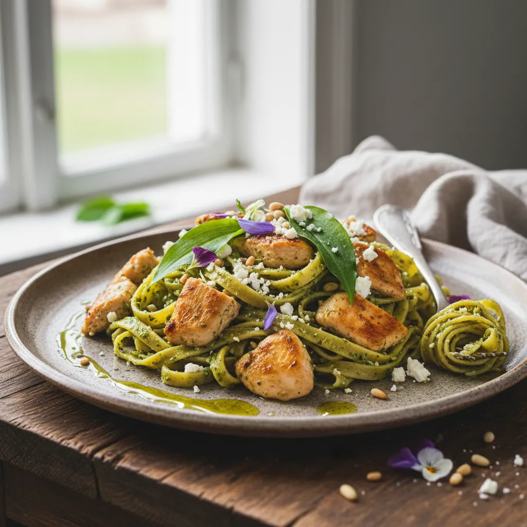 Kyllingpasta med ramsløkpesto