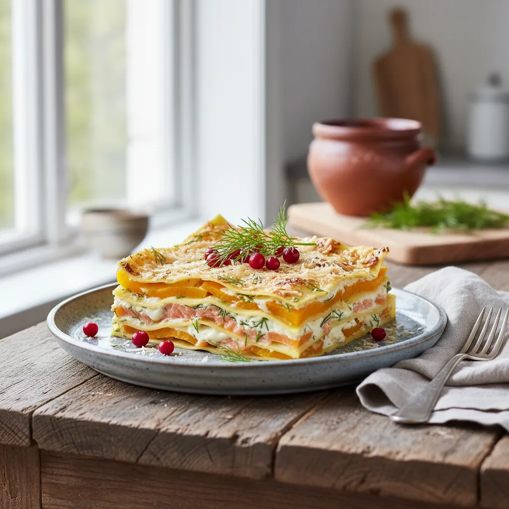Nordisk Gresskarlasagne med Laks