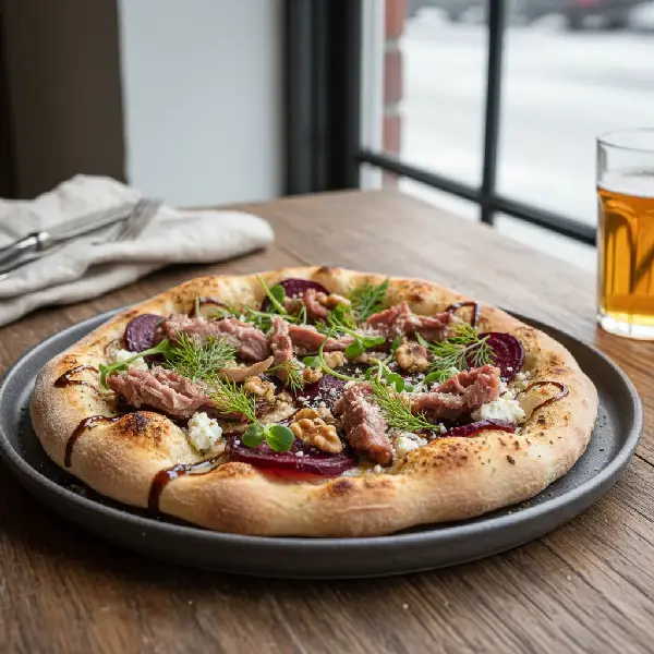 Pinnekjøtt pizza med rødbet og valnøtter, sunt og sunt