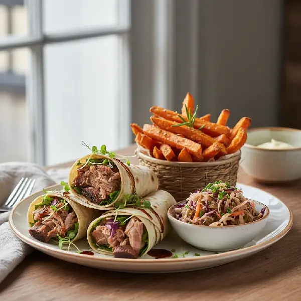Ribbewraps, Søtpotetfries, Frisk Surkål, sunt og sunt