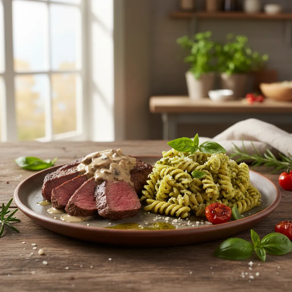 Soppstekt entrecôte, hjemmelaget pestopasta